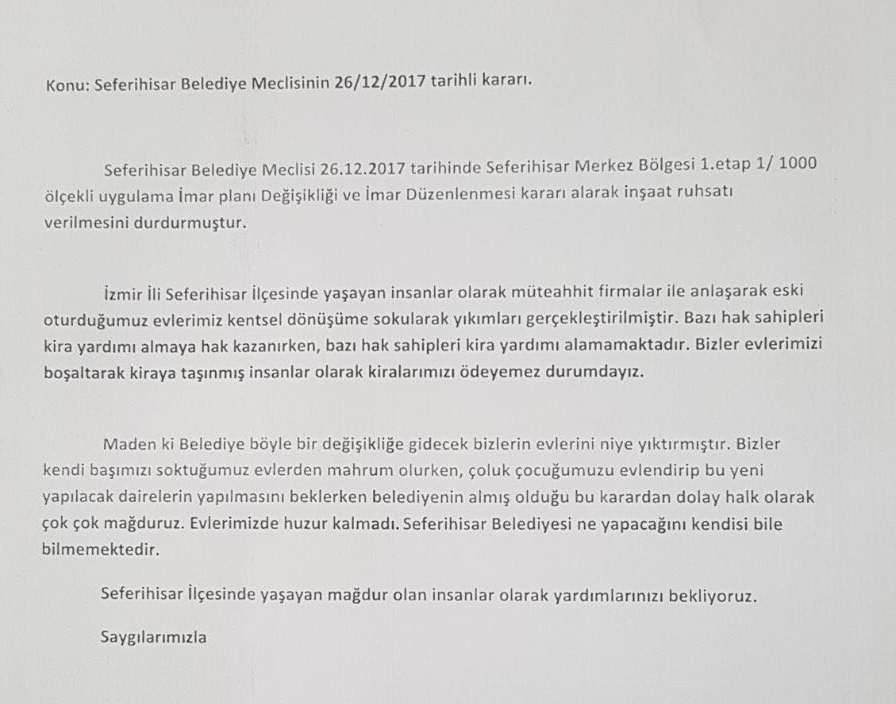 SEFERİHİSAR CHP�Lİ BELEDİYE 3 MAHALLEYİ İMARA KAPATTI; YÜZLERCE MAĞDUR