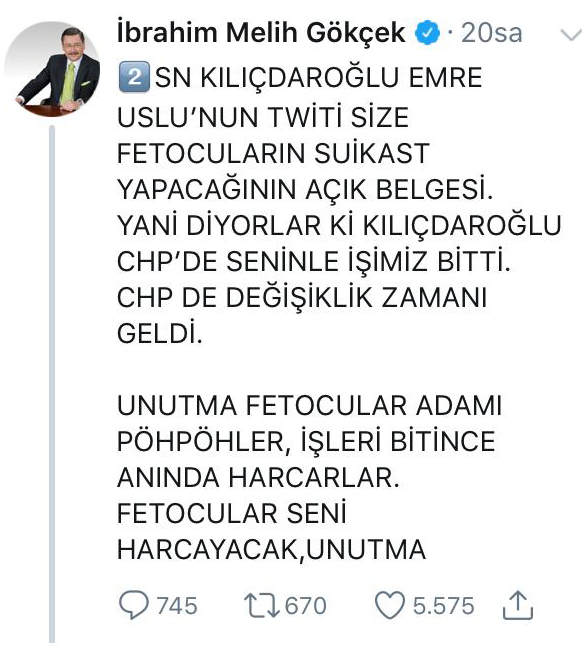 MELİH GÖKÇEK'TEN KILIÇDAROĞLU'NA UYARI: "FETOCULAR SENİ HARCAYACAK!"