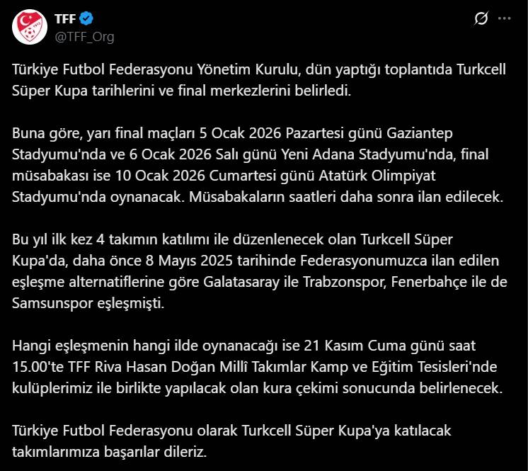 Süper Kupa'ya ev sahipliği yapacak saha belli oldu!